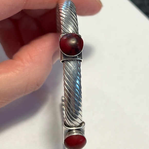 Funky Sterling and Red Stone Cuff Bracelet - Picture 1 of 6
